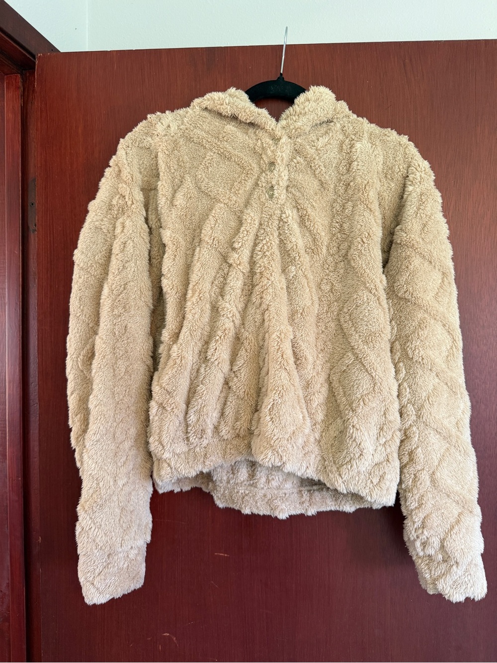 Cozy Plush Hooded Pullover - Beige Teddy Fleece    SIZE XL